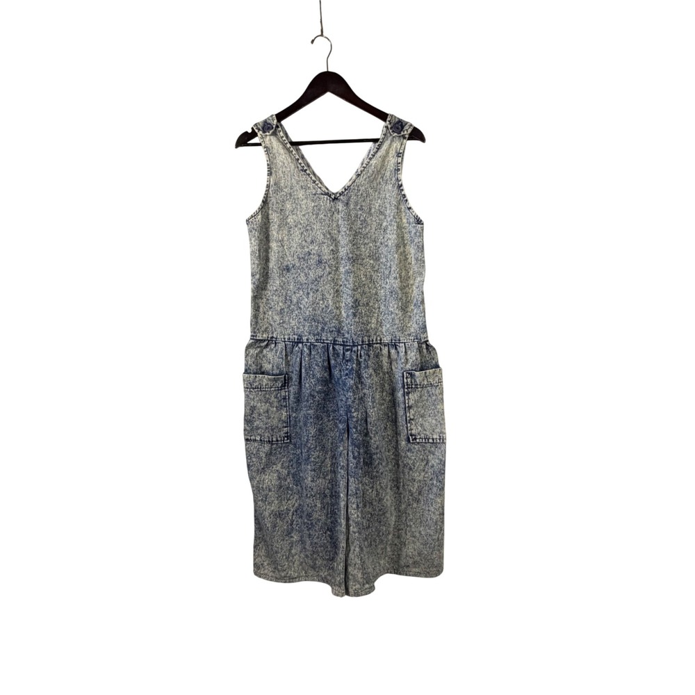 Vintage On The Verge Acid Wash Denim Romper Sleeveless Wide Leg Jumpsuit Blue L